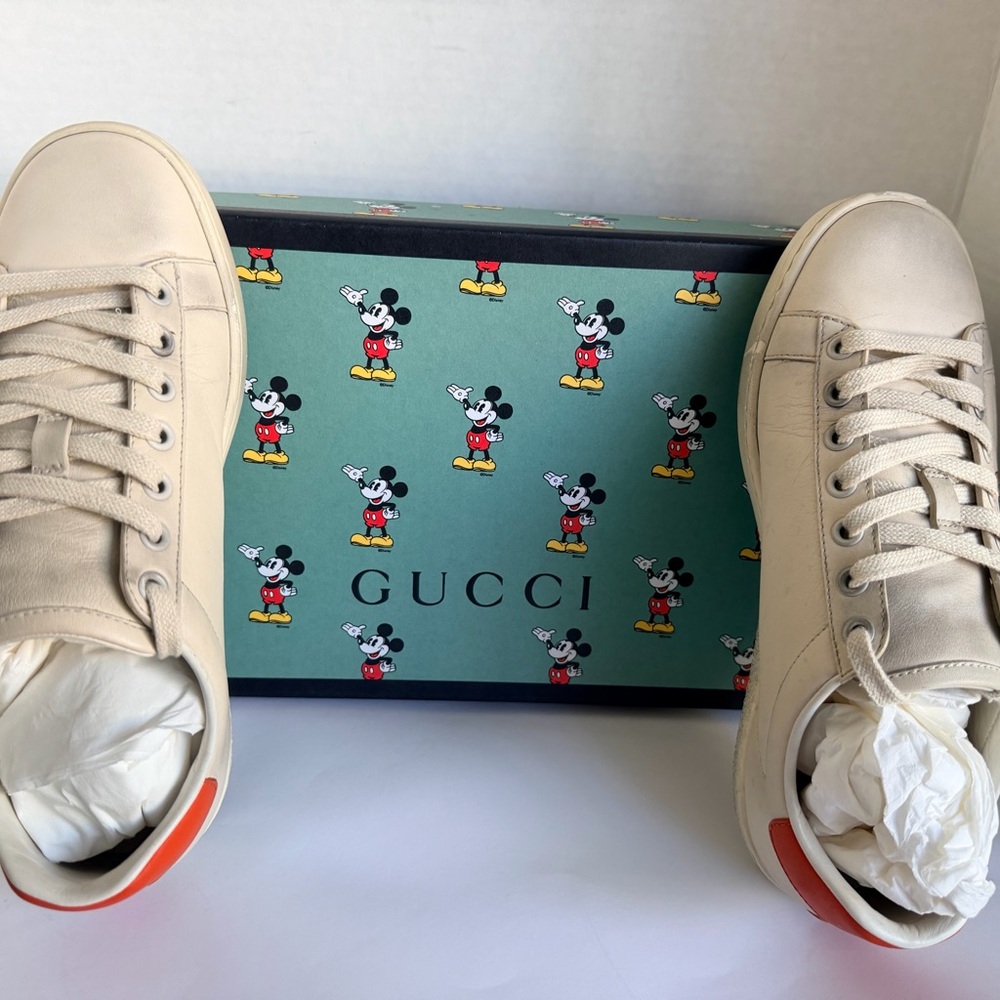 PRE - LOVED: Gucci Cream Leather Mickey Sneakers with Orange Heel - Picture 4 of 13